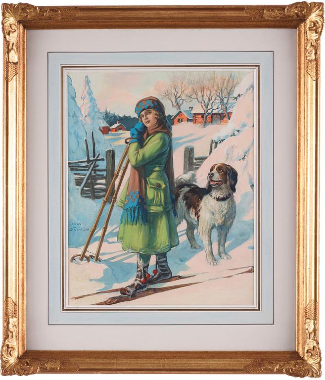 Jenny Nyström, Girl on skis with a dog.