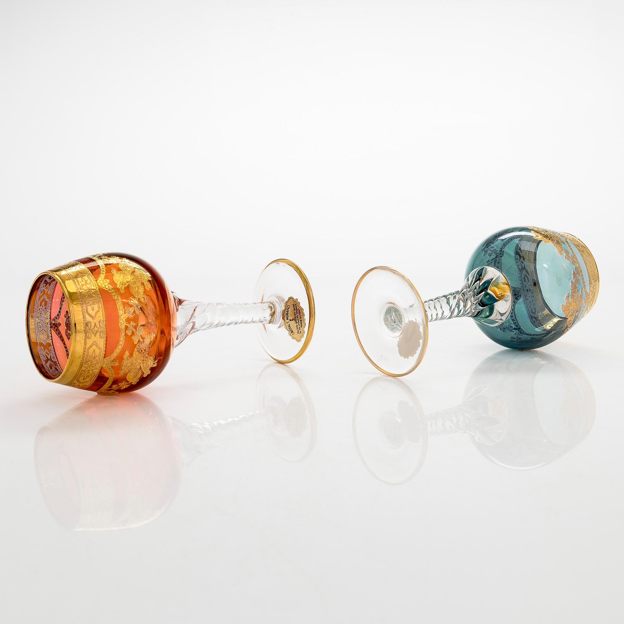 A set of six late 20th century Murano glasses, Italy,.