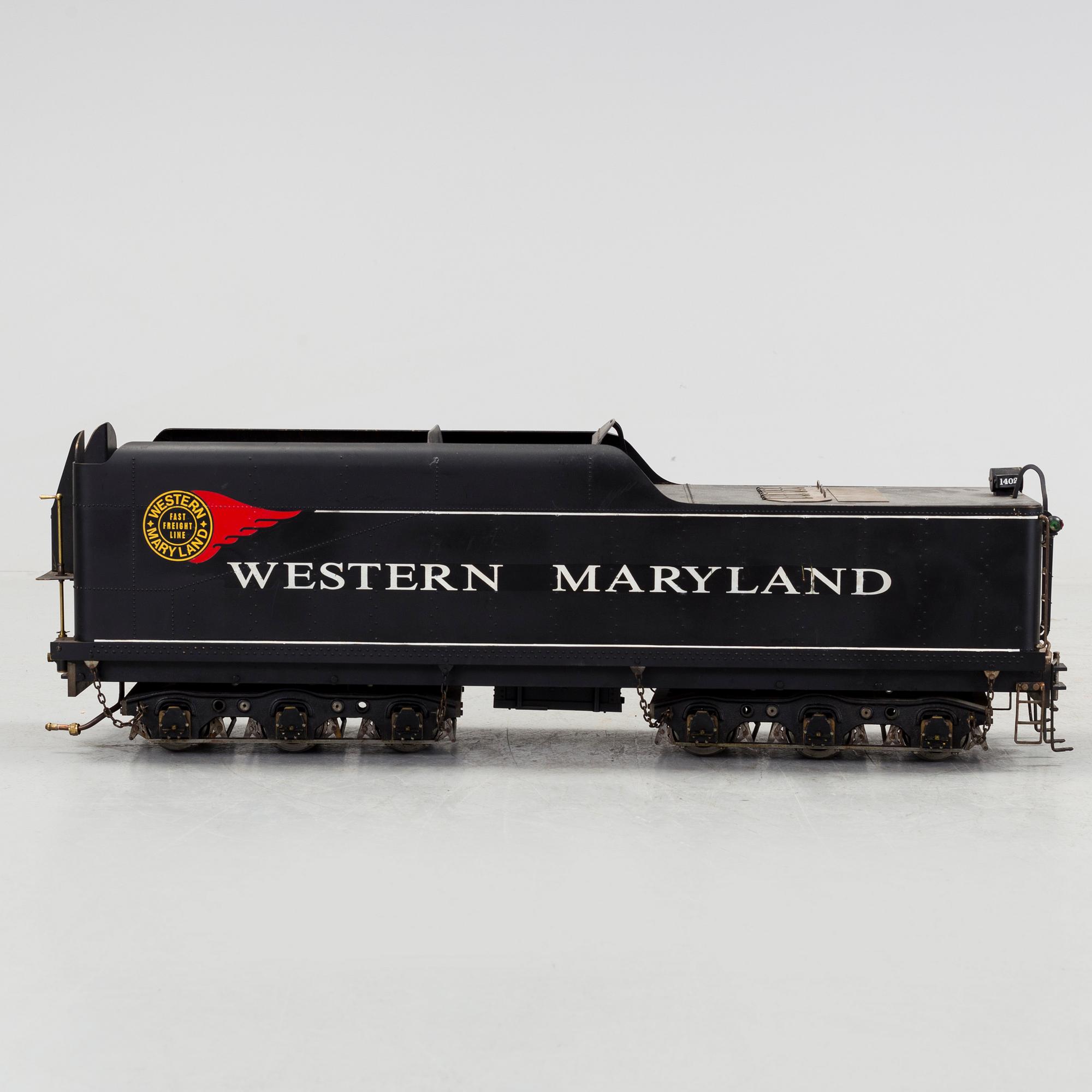 MODELL AV ÅNGLOK, med tender, "4-8-4 Western Maryland 1402", tillverkad av Gunnar Eriksson, spårvidd 3,5 tum.