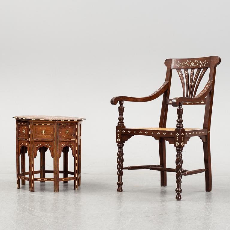 A Middle-Eastern occasional table and armchair, 20th Century.