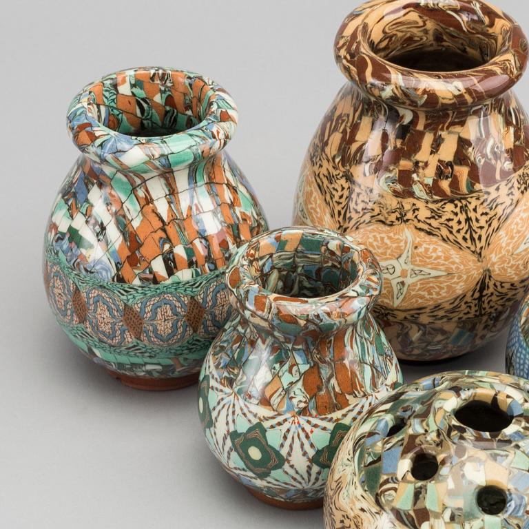 A set of 6 pcs of vases and a bowl, stonewere, Gerbino Vallauris.