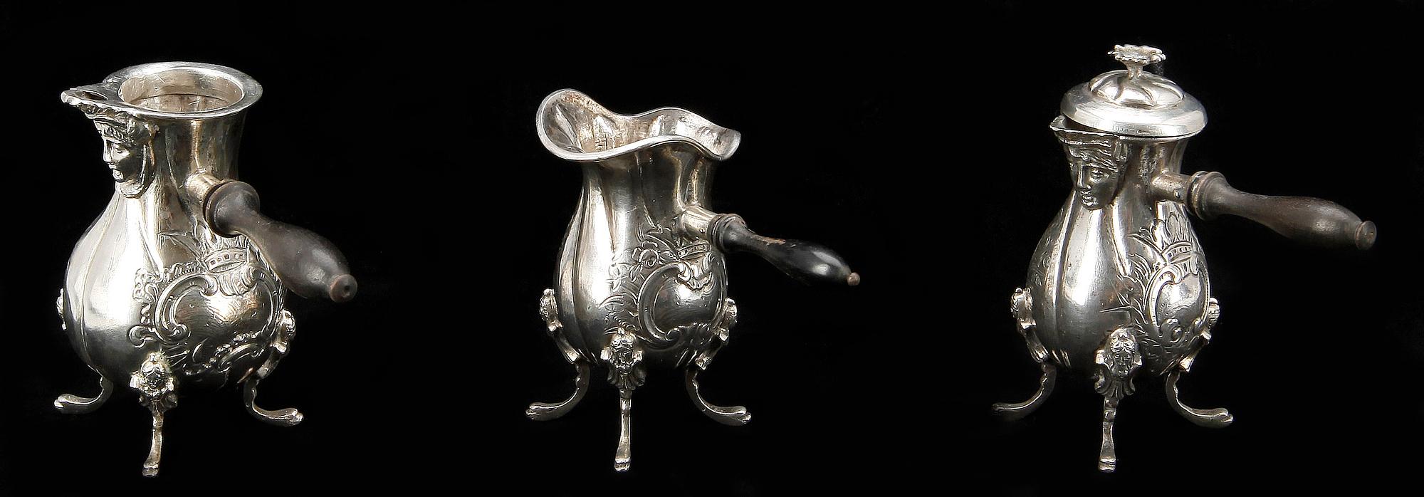 MINIATYRKANNOR, 3 st, silver, utländska stämplar. 1800/1900-tal. Total vikt ca 235 g.