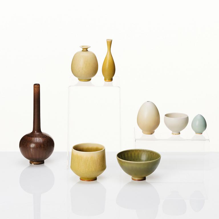 Berndt Friberg, a set of 5 stoneware miniature vases and 3 bowls, Gustavsberg studio, Sweden 1957-66.