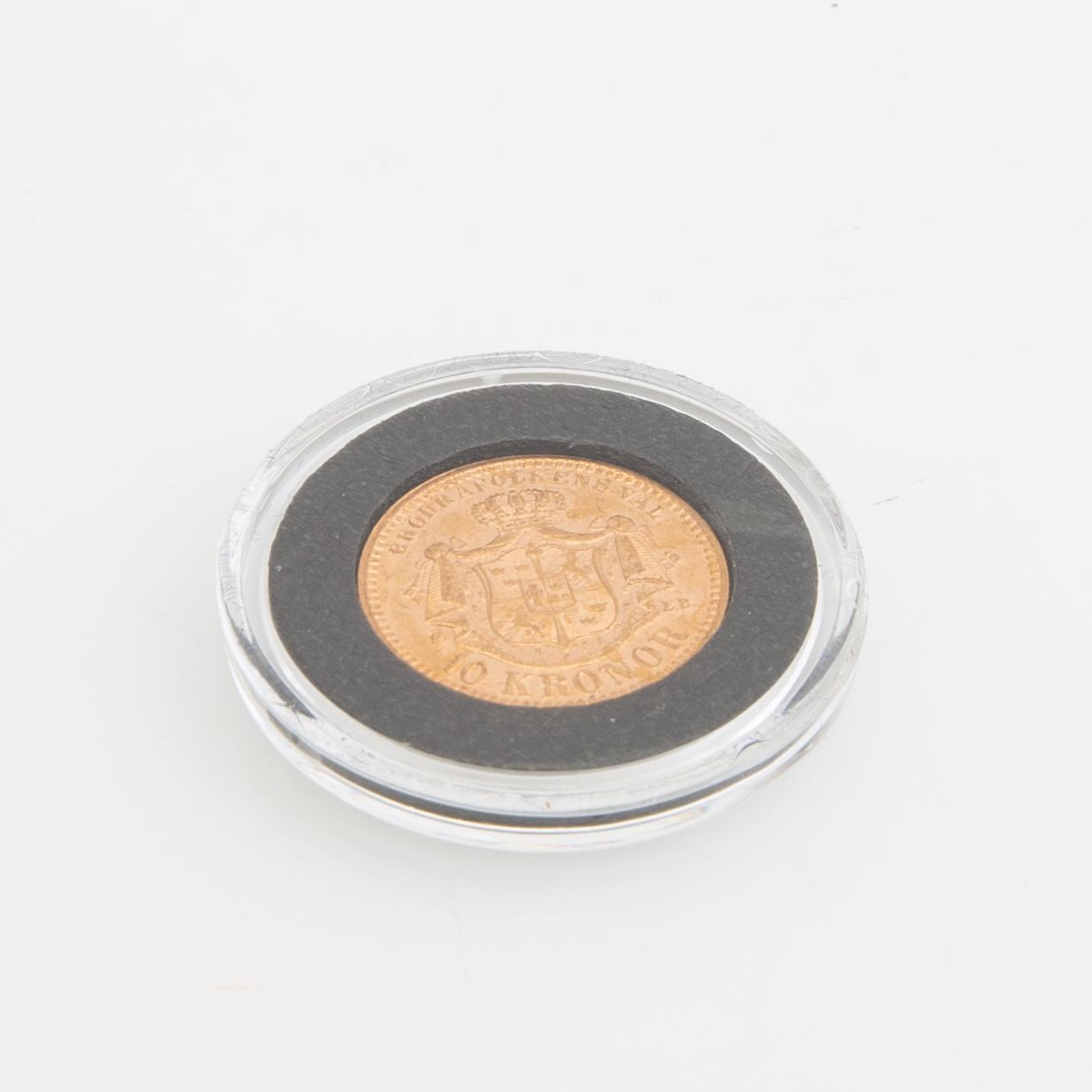 Gold coin Sweden, Oscar II 10 kr, 1883, mint error.