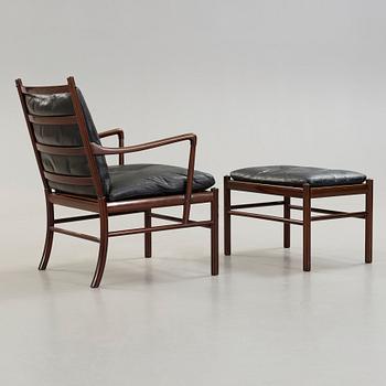 Ole Wanscher, a stained mahogany and black leather 'Colonial Chair PJ 149' and ottoman, Poul Jeppesen, Denmark.