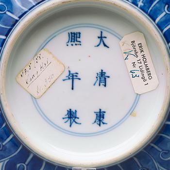 A blue and white lotus bowl, Qing dynasty, with  Kangxi mark and period (1662-1722).