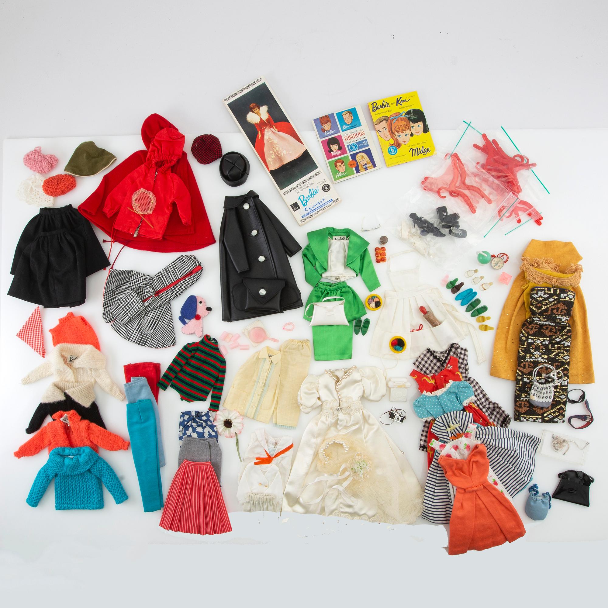Barbie wardrobe along with clothes and accessories, 1960s, including "Theatre date" 1964.