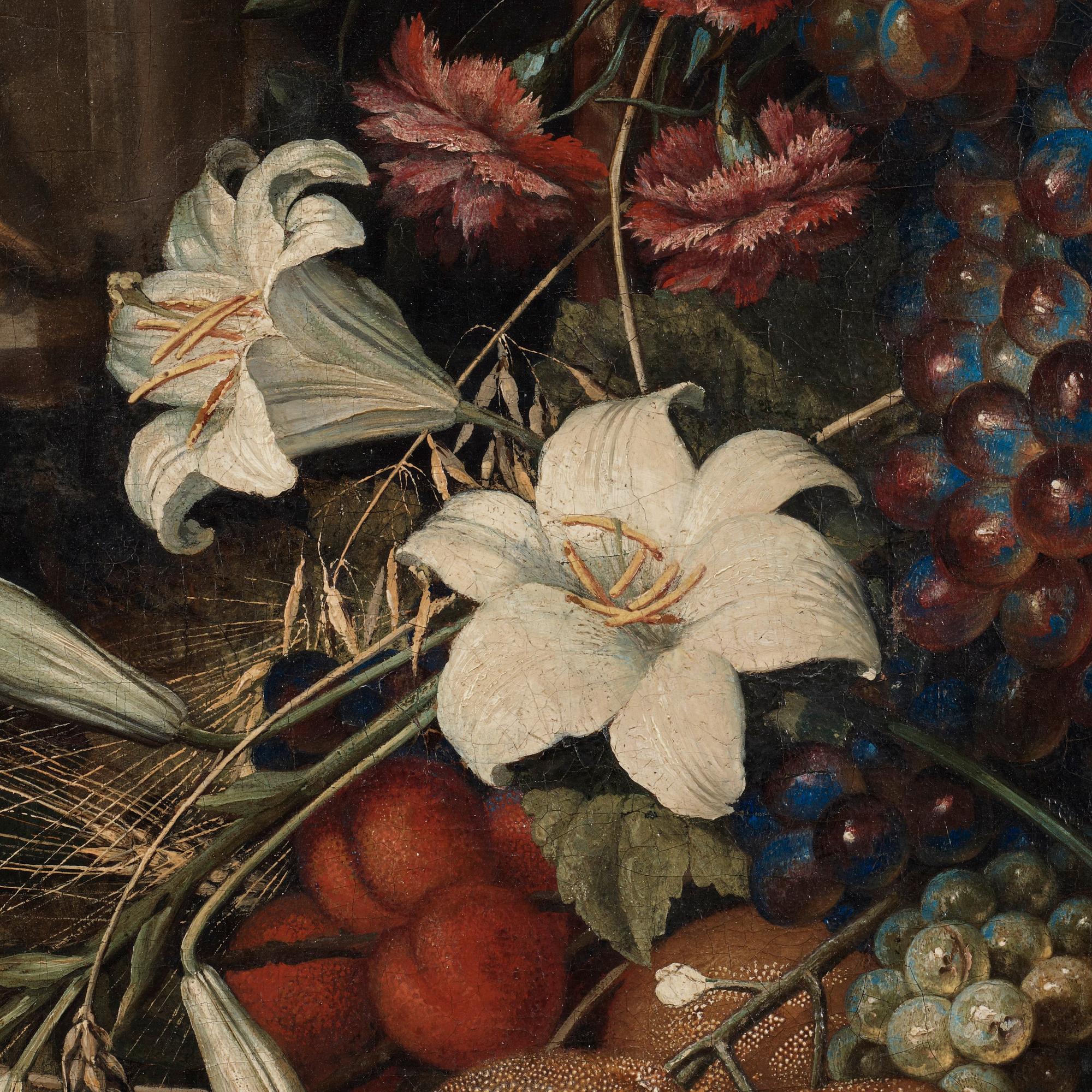 Ottmar Elliger Tillskriven, Stilleben med exotiska frukter, blommor och insekter kring en nisch med en stående putti.