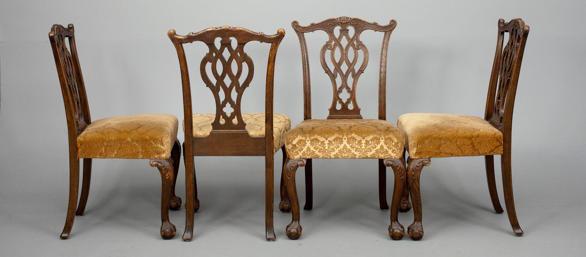 STOLAR, 10+4 st och MATBORD, ek, Chippendale stil, sannolikt Boman, 1900-talets första hälft.
