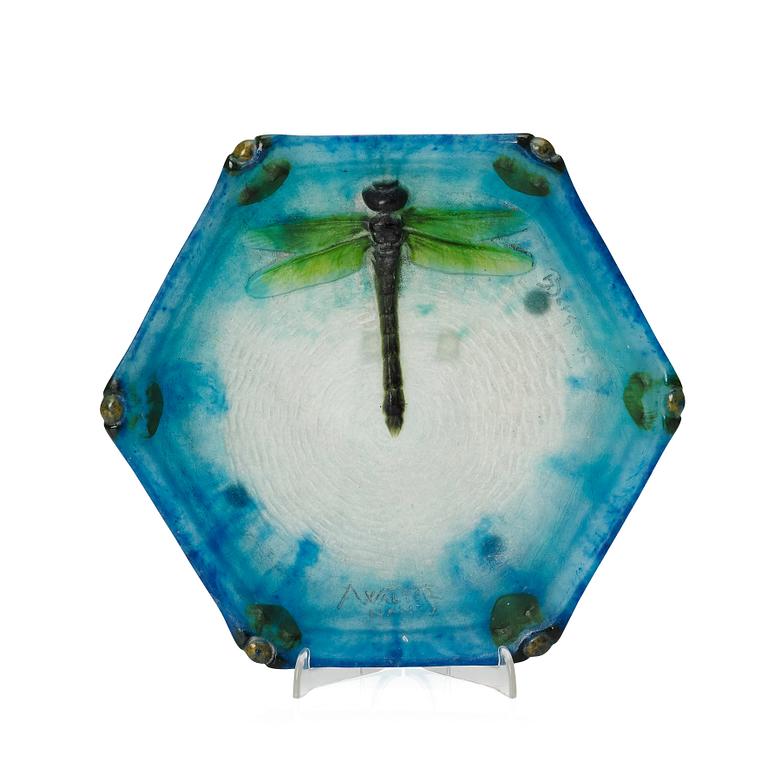 Amalric Walter & Henri Bergé, a pâte de verre dish with a dragonfly, Nancy France 1920s.