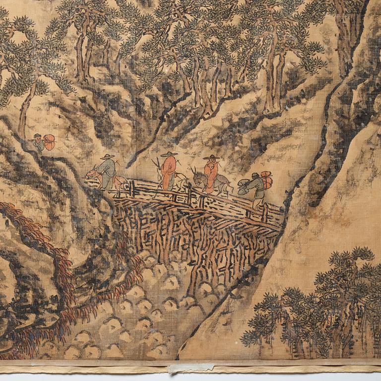 A Chinese hanging scroll, ink and color in silk, signed Shen Zhou (1427-1509), after, 20th century.