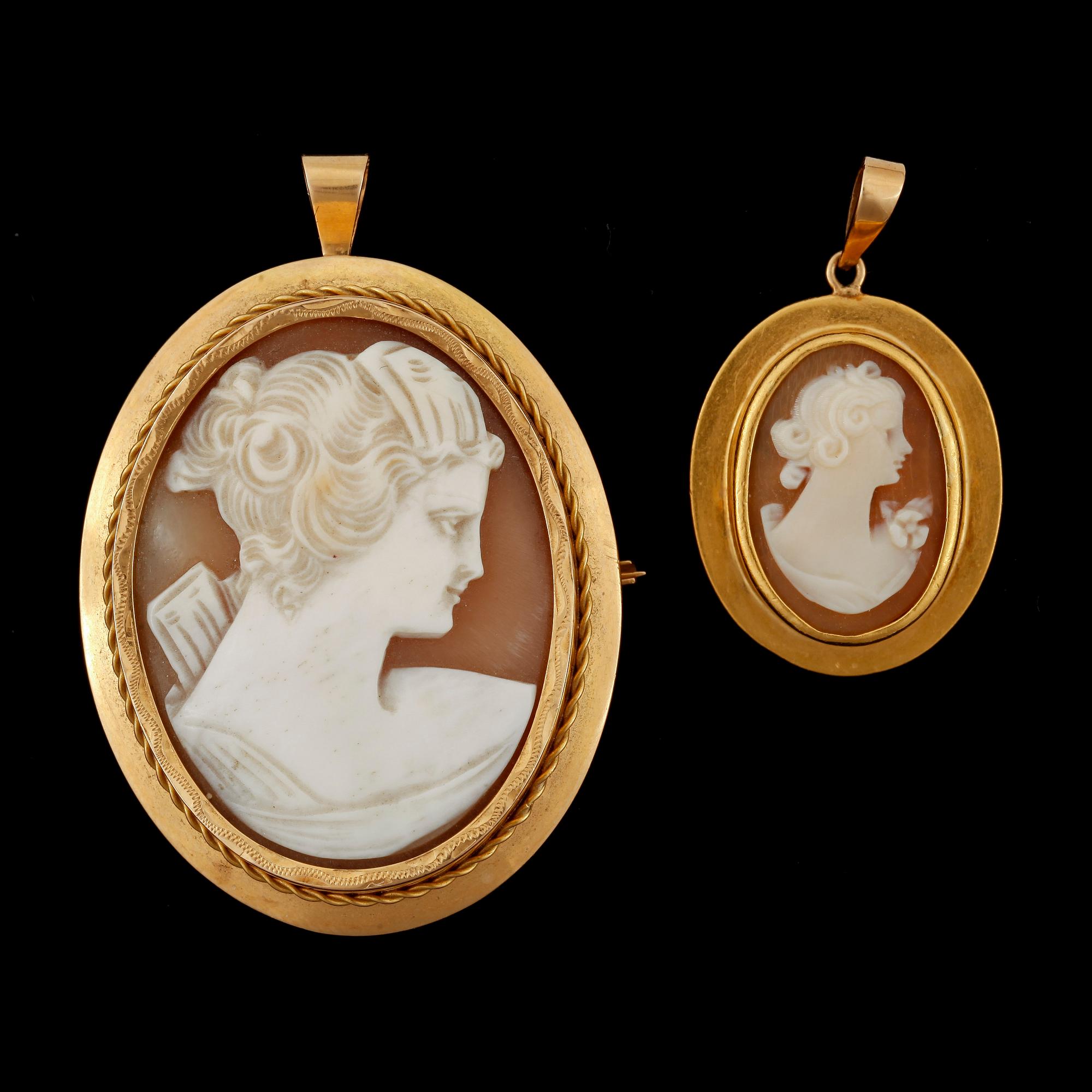 HÄNGEN / BROSCH, 2st, 18k resp 23k guld och camé.