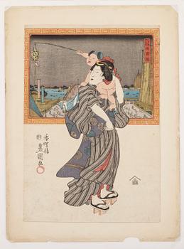 887. Utagawa Kunisada Kochoro Toyokuni III, Kvinna bärandes ett barn.