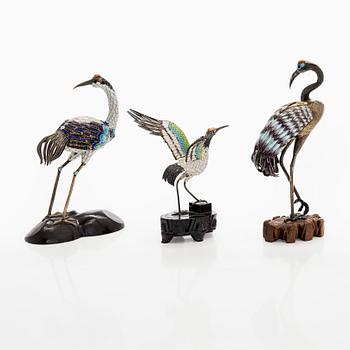A set of three silver and cloisonné enamel figures of birds, first half of 20th Century.
