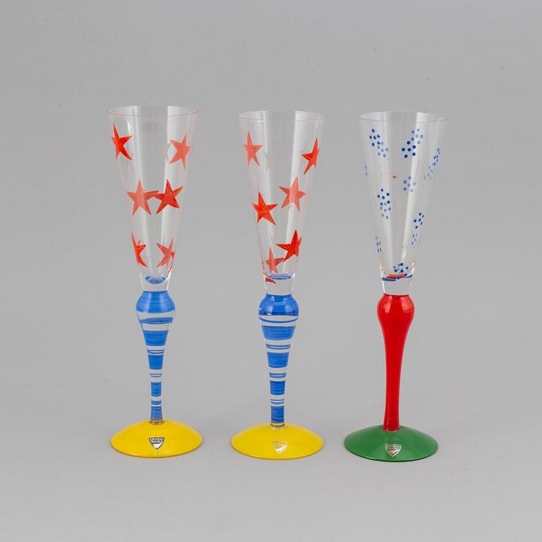 Anne Nilsson, ten hand painted 'Clown' champagne glasses, Orrefors.