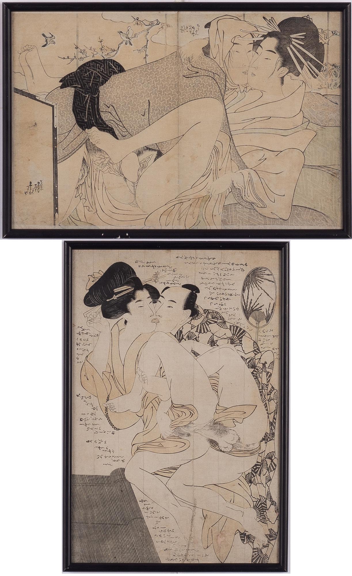 Oidentiferad konstnär, två träsnitt med erotiska s.k. 'shunga'-motiv, Japan, sen Meiji/1900-talets första hälft.