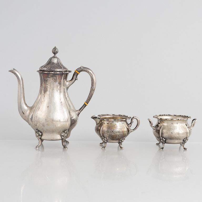 K Anderson, kaffeservis, 3 delar, silver, Stockholm 1936. Nysilverbricka samma modell medföljer.