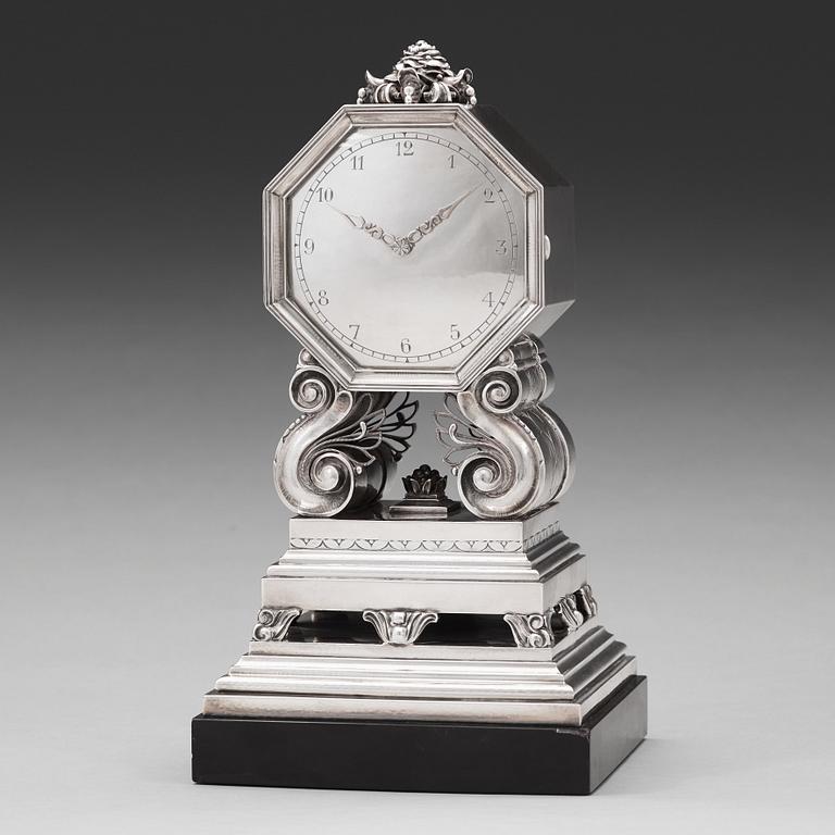 Johan Rohde, A Johan Rohde sterling silver mantel clock by Georg Jensen, Copenhagen 1925-33, model 333.
