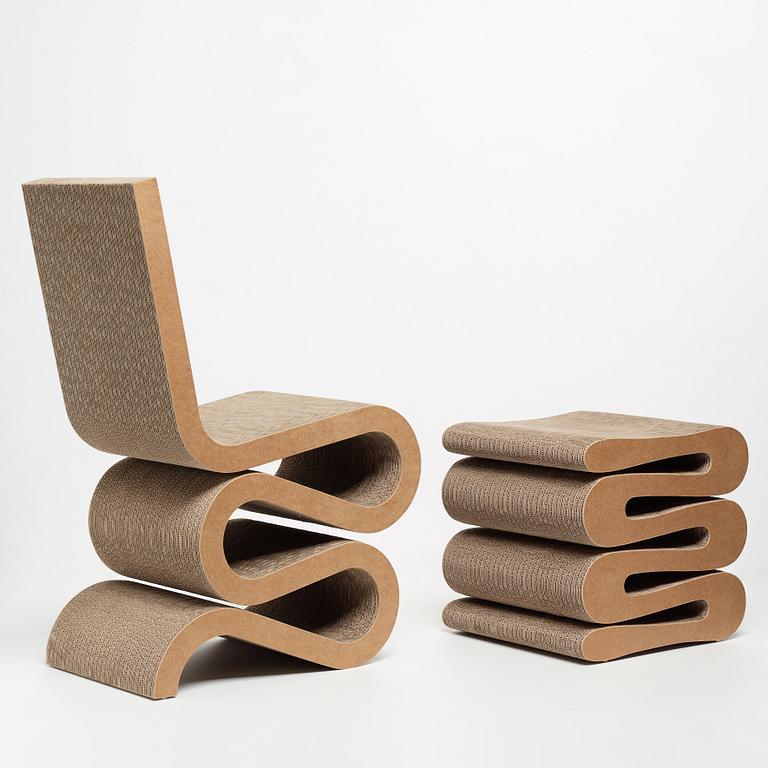 Frank Gehry, "Wiggle side chair & stool", Vitra, 21st century.