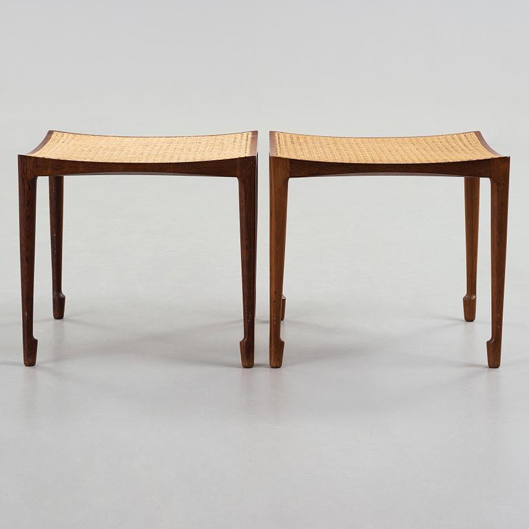 Bernt Petersen, a pair of palisander and rattan stools, Wørts Møbelsnedkeri, Denmark ca 1960.