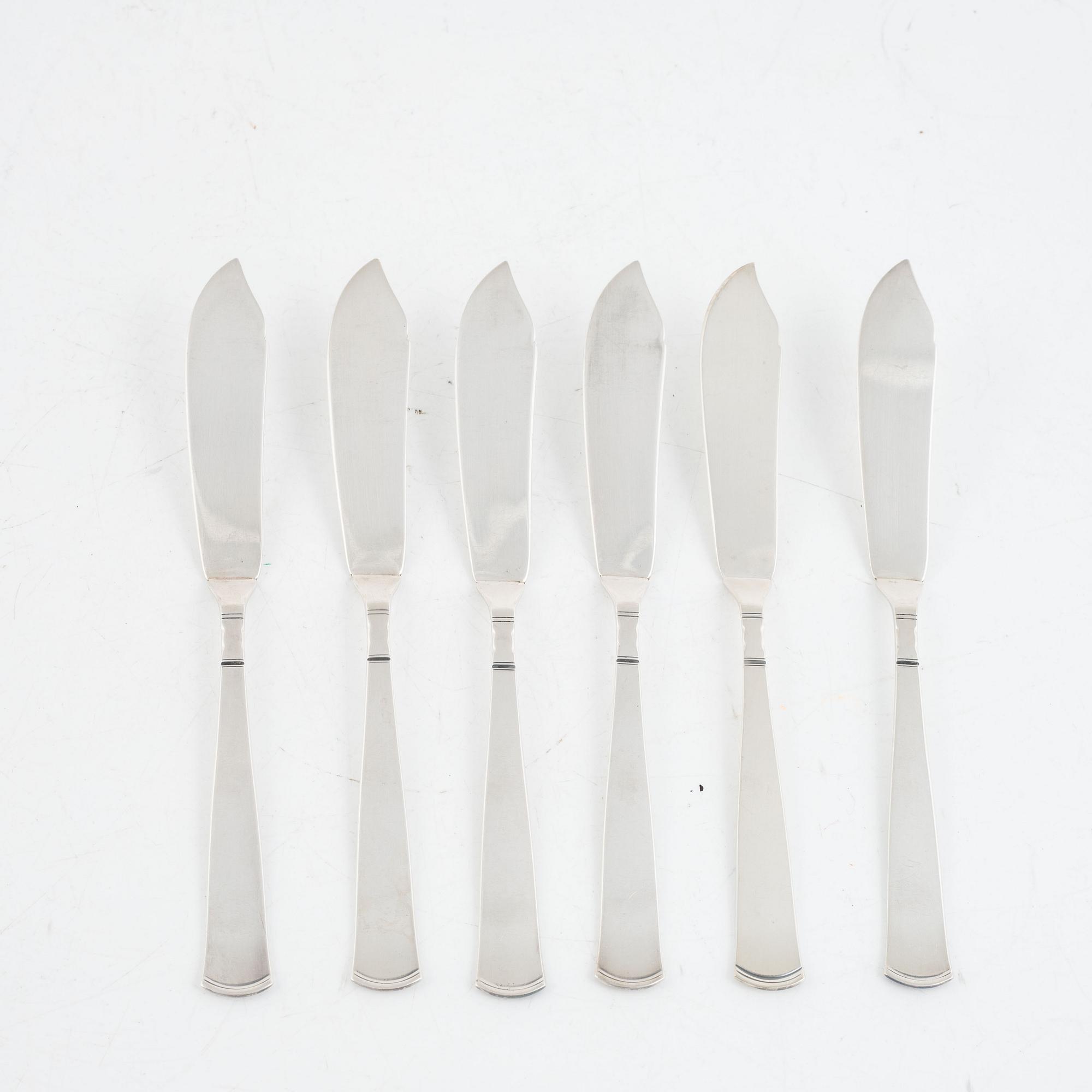 Jacob Ängman, fiskbestick, 12 st, silver, "Rosenholm", Stockholm 1951 och Eskilstuna 1979.