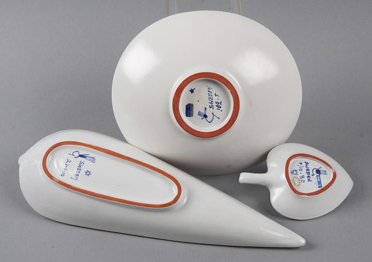 SKÅLFAT, 3 st, fajans, Stig Lindberg, Gustavsberg. Målarsign bla Giovanni Pugno.