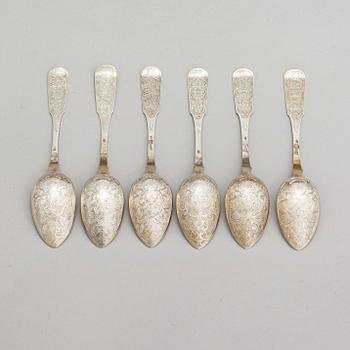 A set of six parcel-gilt silver table spoons, maker's mark of Anton Chevarzin and Maksim Funtikov, Moscow, Russia 1854.