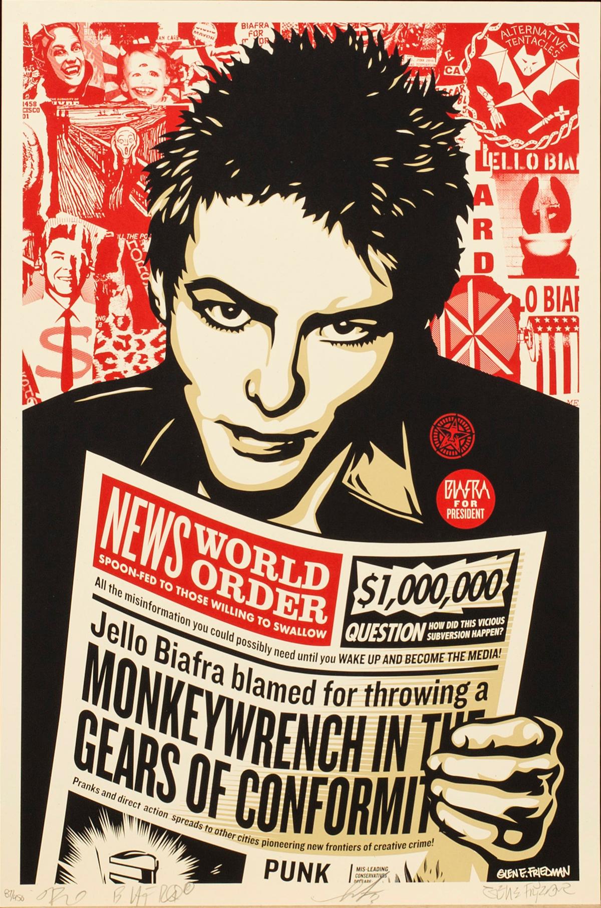 SHEPARD "OBEY" FAIREY,  färgserigrafi, signerad av Shepard Fairey, Jello Biafra, and Glen E. Friedman.