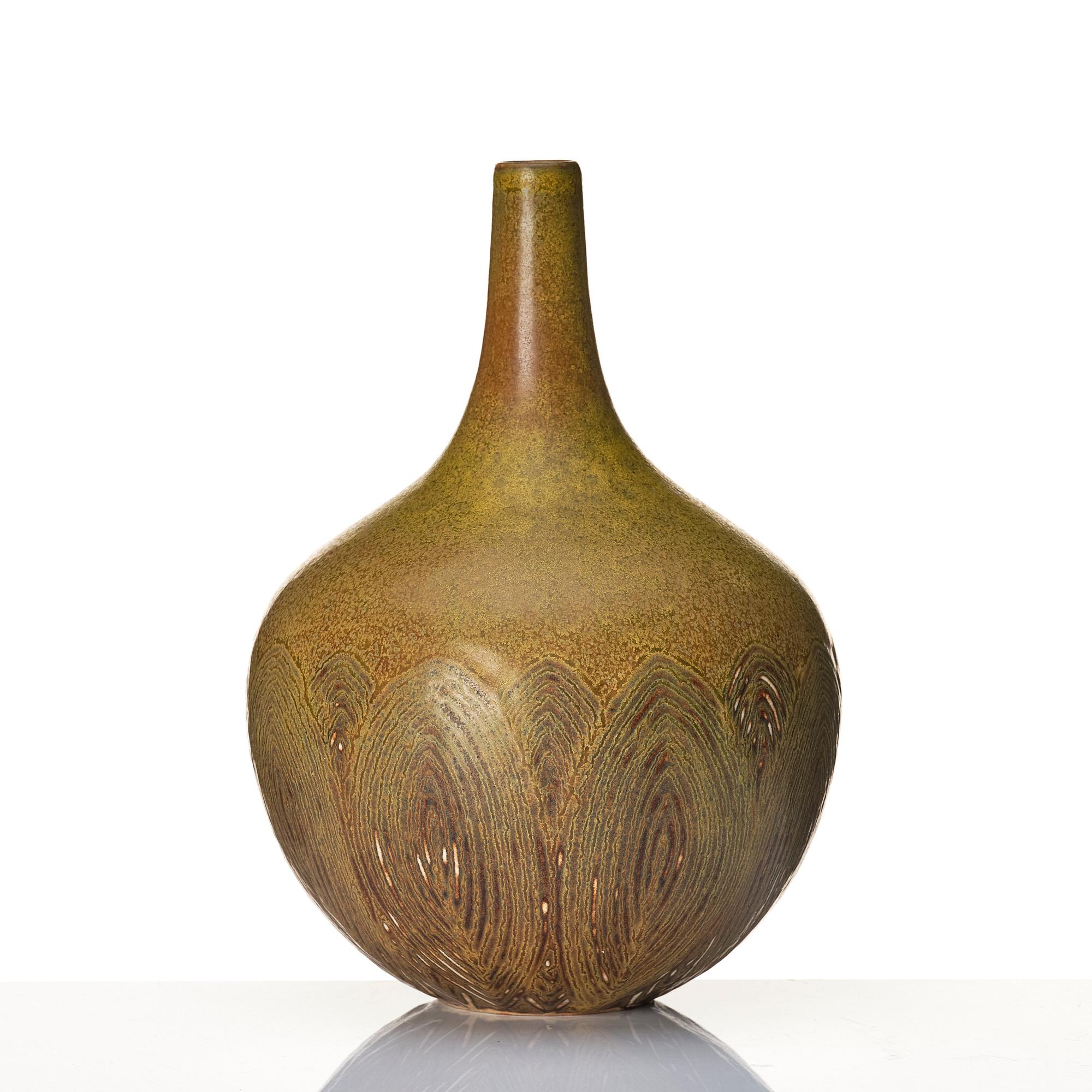 Axel Salto, a 'fluted style' Solfatara glazed stoneware vase, Royal Copenhagen, Denmark, model 20736.