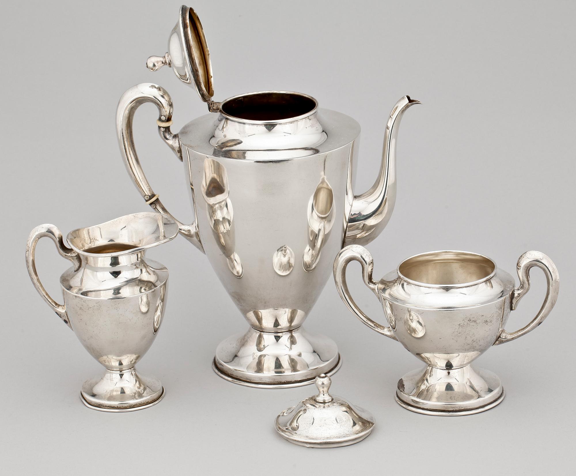 KAFFESERVIS, 3 delar, silver. Svenska importstämplar, Mexico. 1634g.