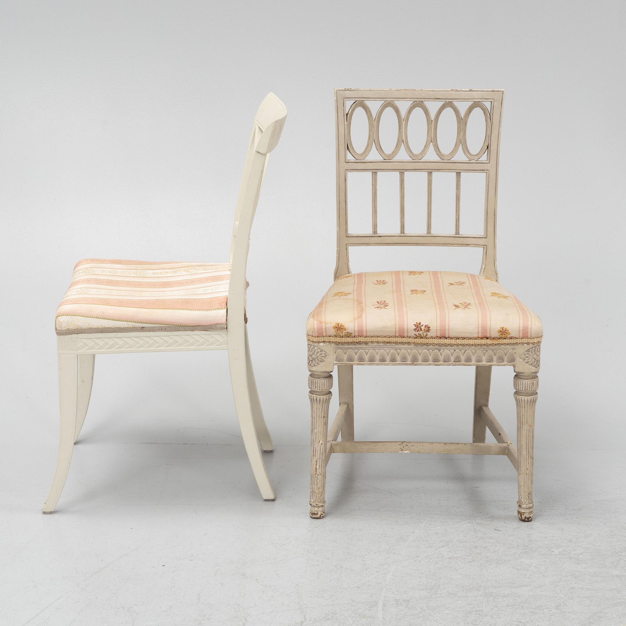 Six Gustavian chairs, different models, from Lindome, Sweden, around 1800.