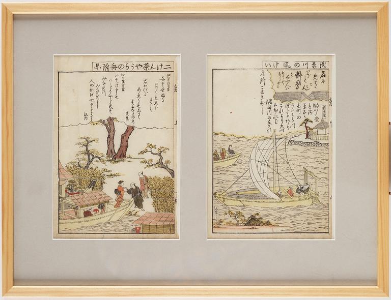 BLAD ur BÖCKER, tre stycken, färgträsnitt. Japan, 1800-tal.