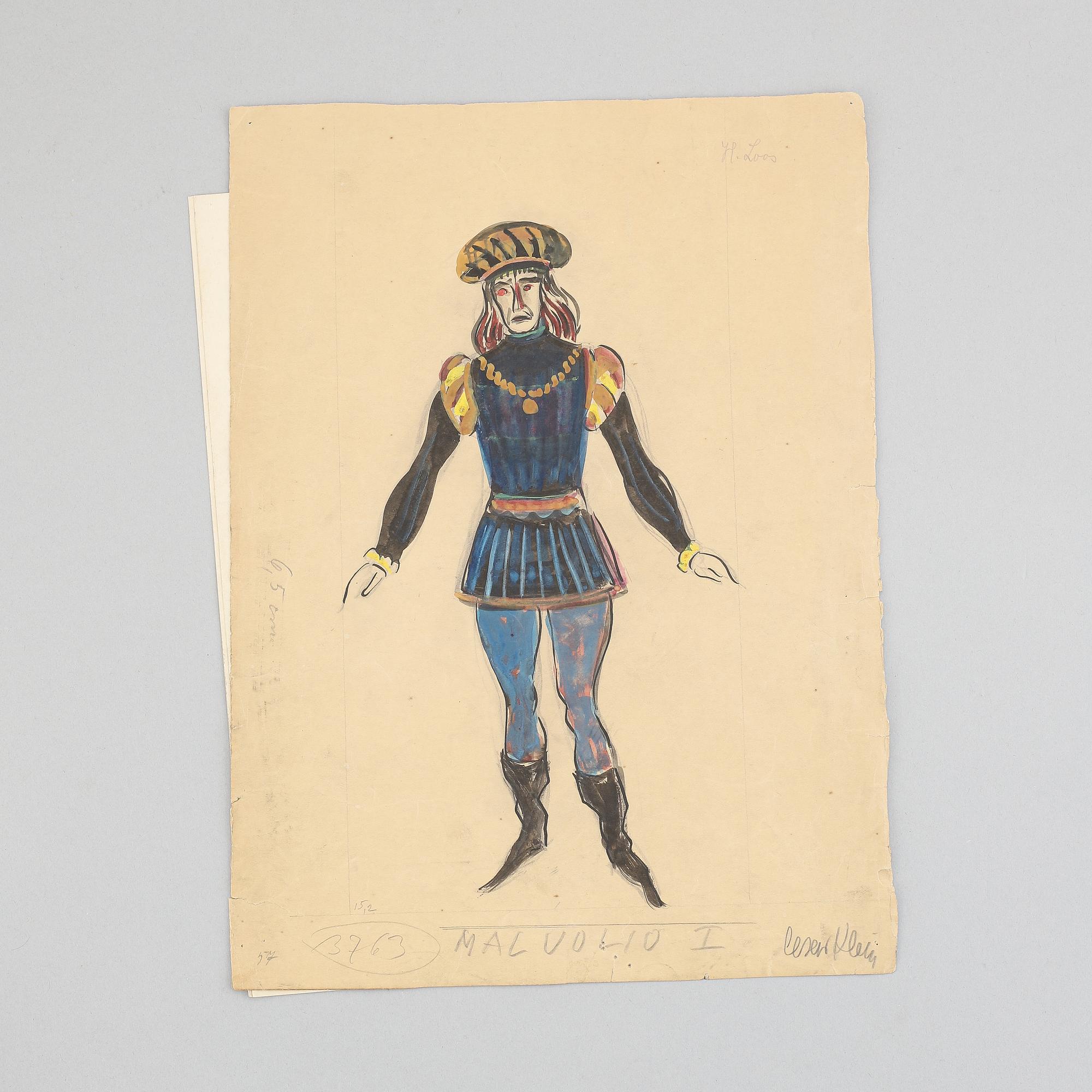 Seven costume sketches by César klein from Shakespears Twelfth Night, signed.
