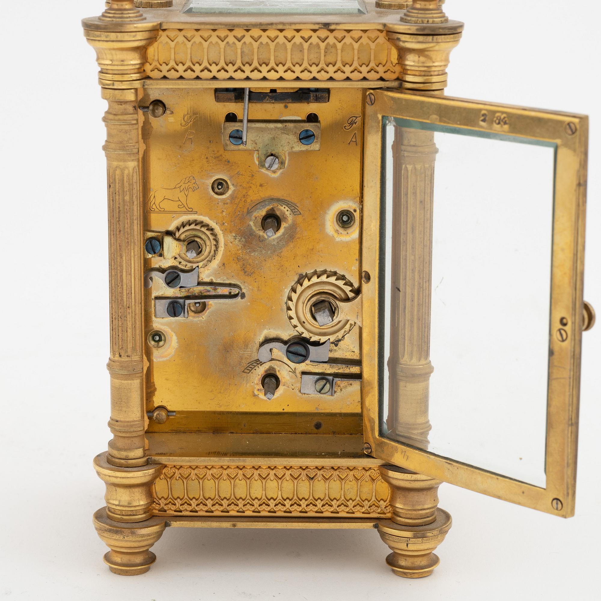 A brass carriage clock, Duverdrey & Bloquel, France, around the year 1900.