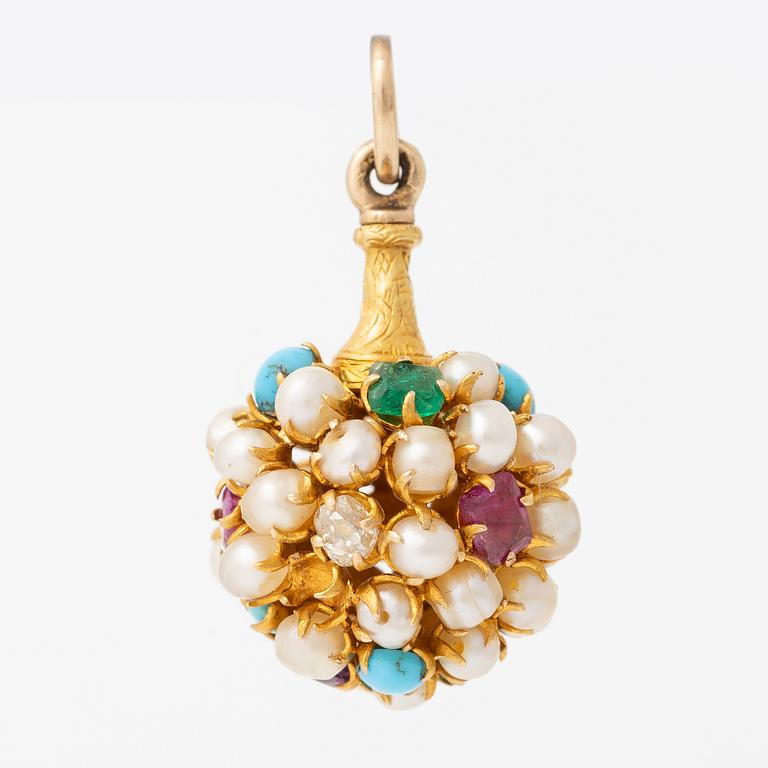 Pendant, 14K gold with pearls, turquoises, old-cut diamonds, and amethysts.