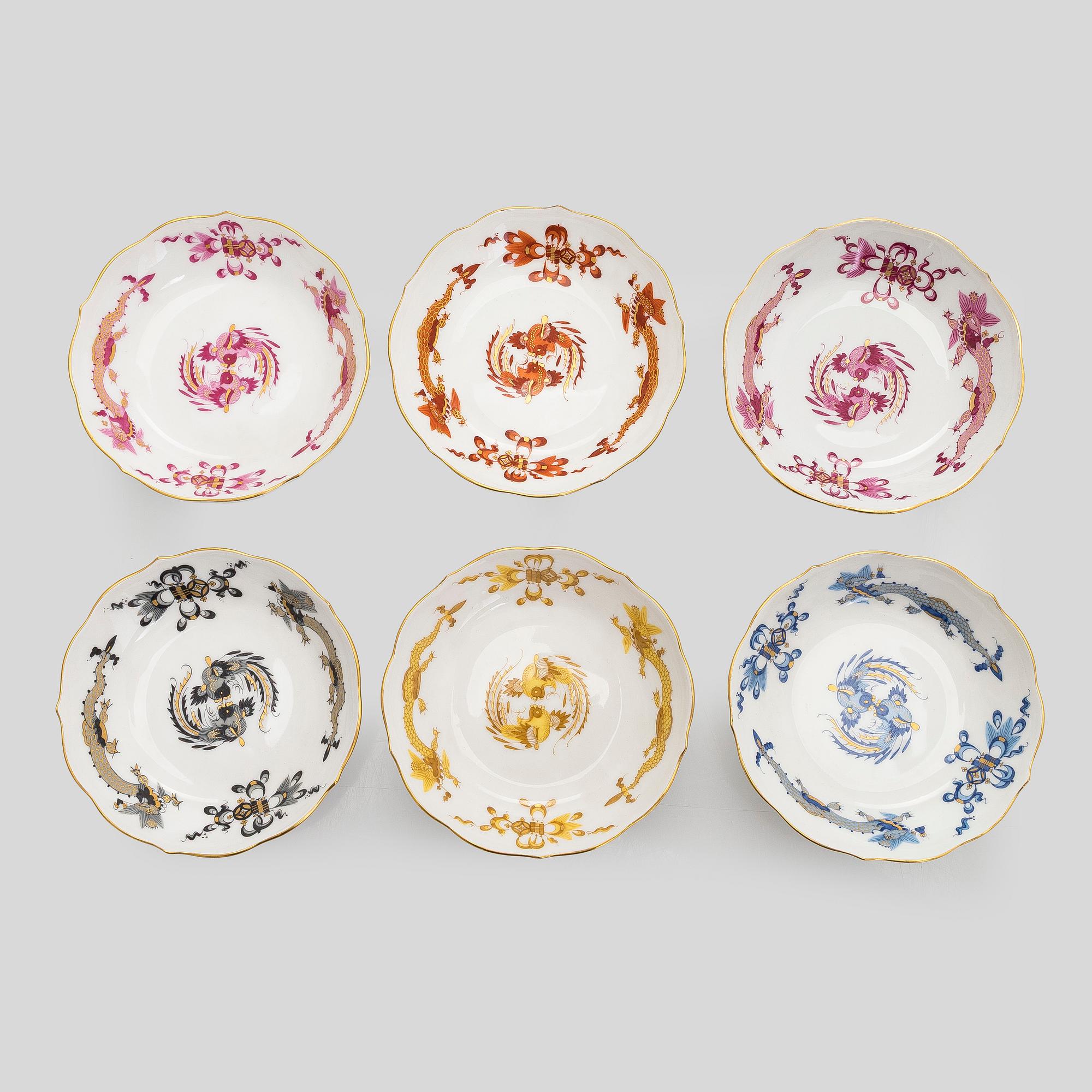 Meissen, a 6-piece set of porcelain demitasse coffee cups with saucers, "Rich Court Dragon", 20th century.