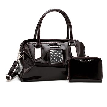814. THIERRY MUGLER, a plum colored patent leather shoulder bag and matching wallet.