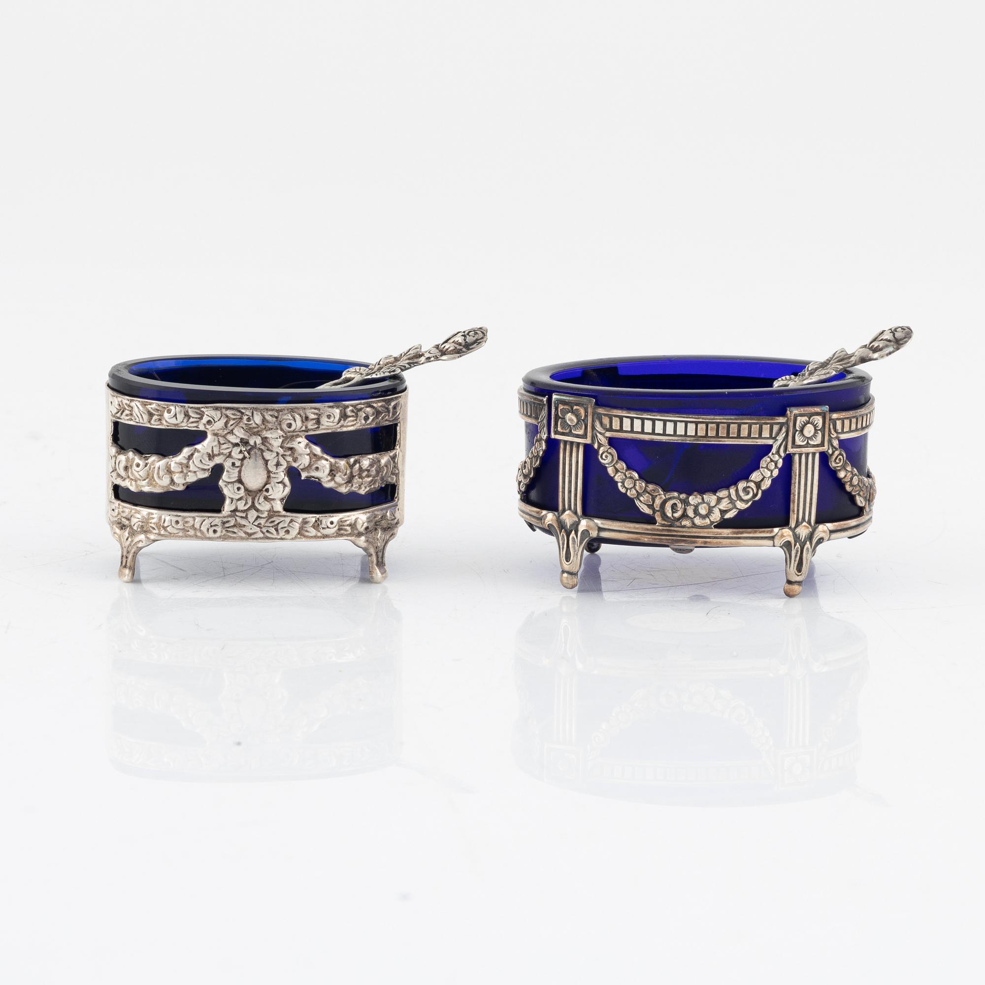 Two Gustavian style silver and glass salt cellars, including GEWE Malmö, 1961.