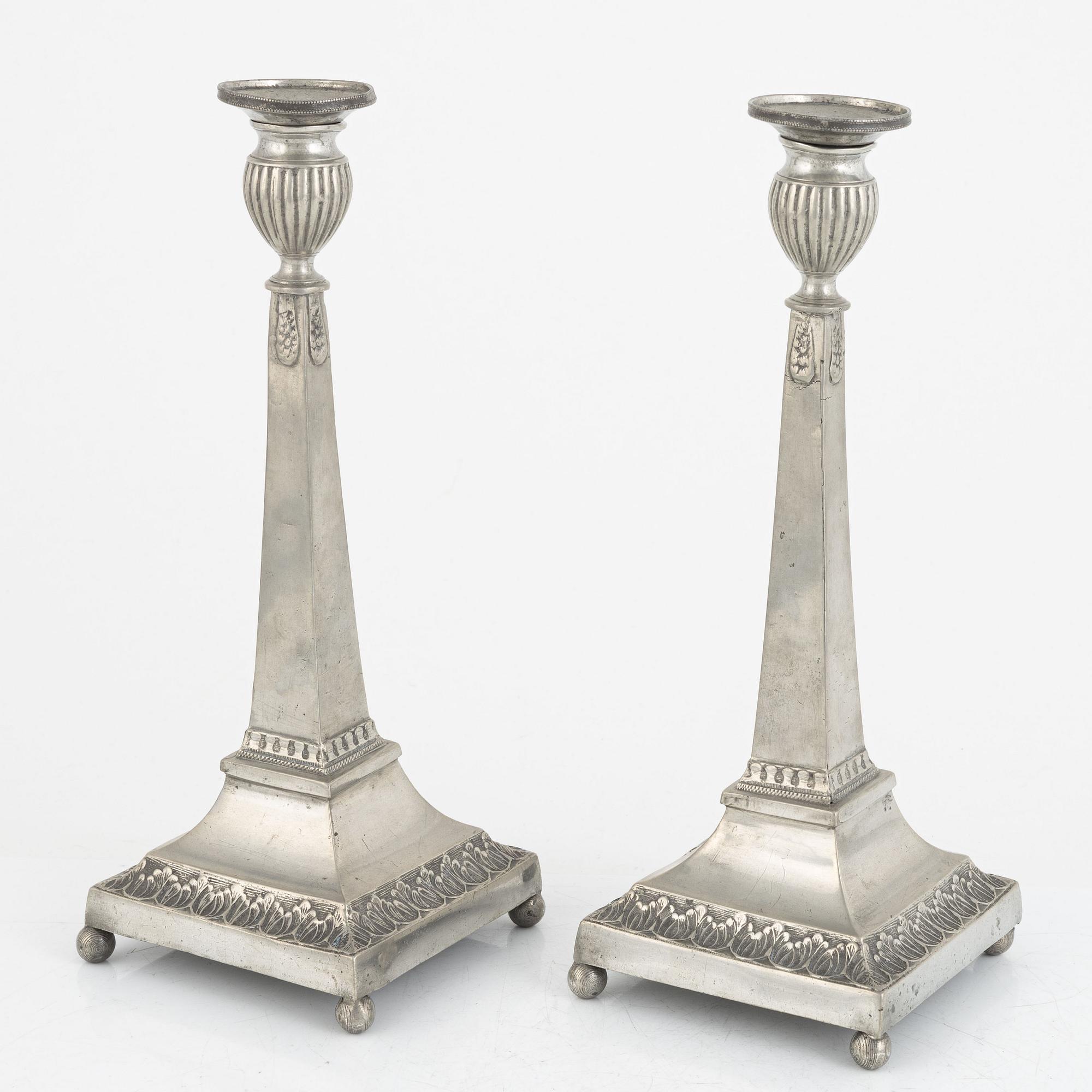 A pair of Swedish pewter candlesticks, mark of Abraham Siljeström, Lidköping 1843.