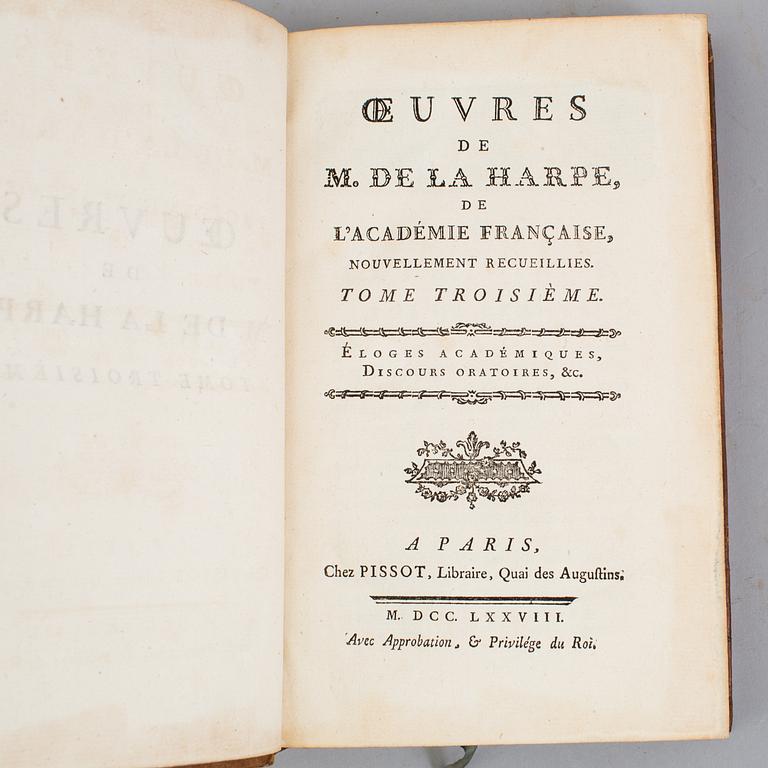 A BOOK, Jean-François De la Harpe: Oeuvres. 1-6, Paris, Pissot, 1778.