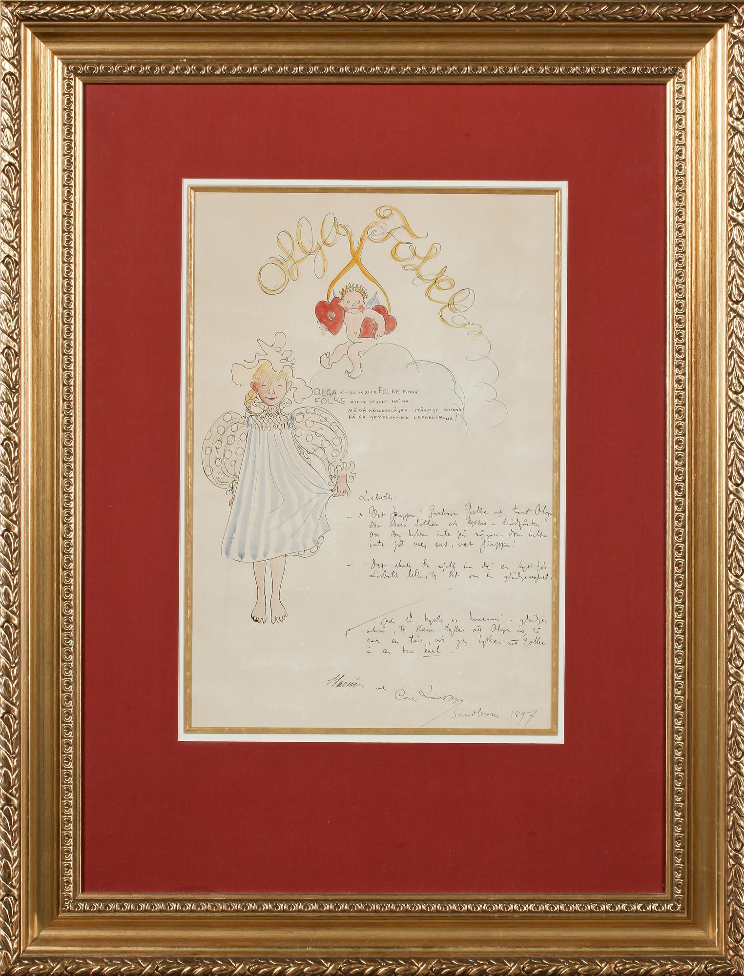 CARL LARSSON, akvarellerad tuschteckning, sign. Karin och Carl Larsson, Sundborn, 1897.