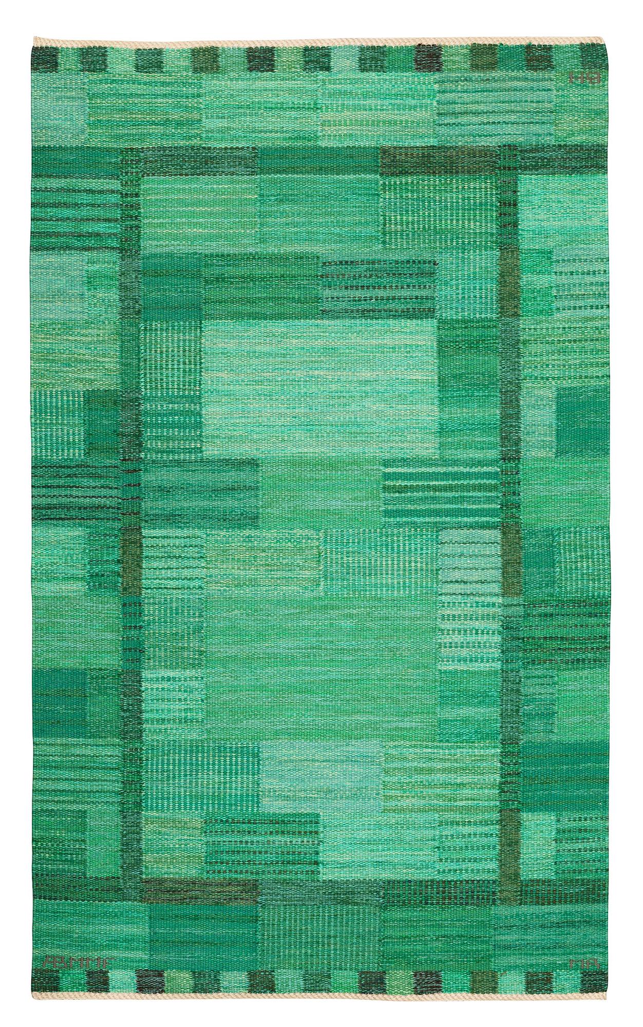 RUG. "Fasad Grön". Flat weave. 183 x 99 cm. Signed AB MMF MR BH.