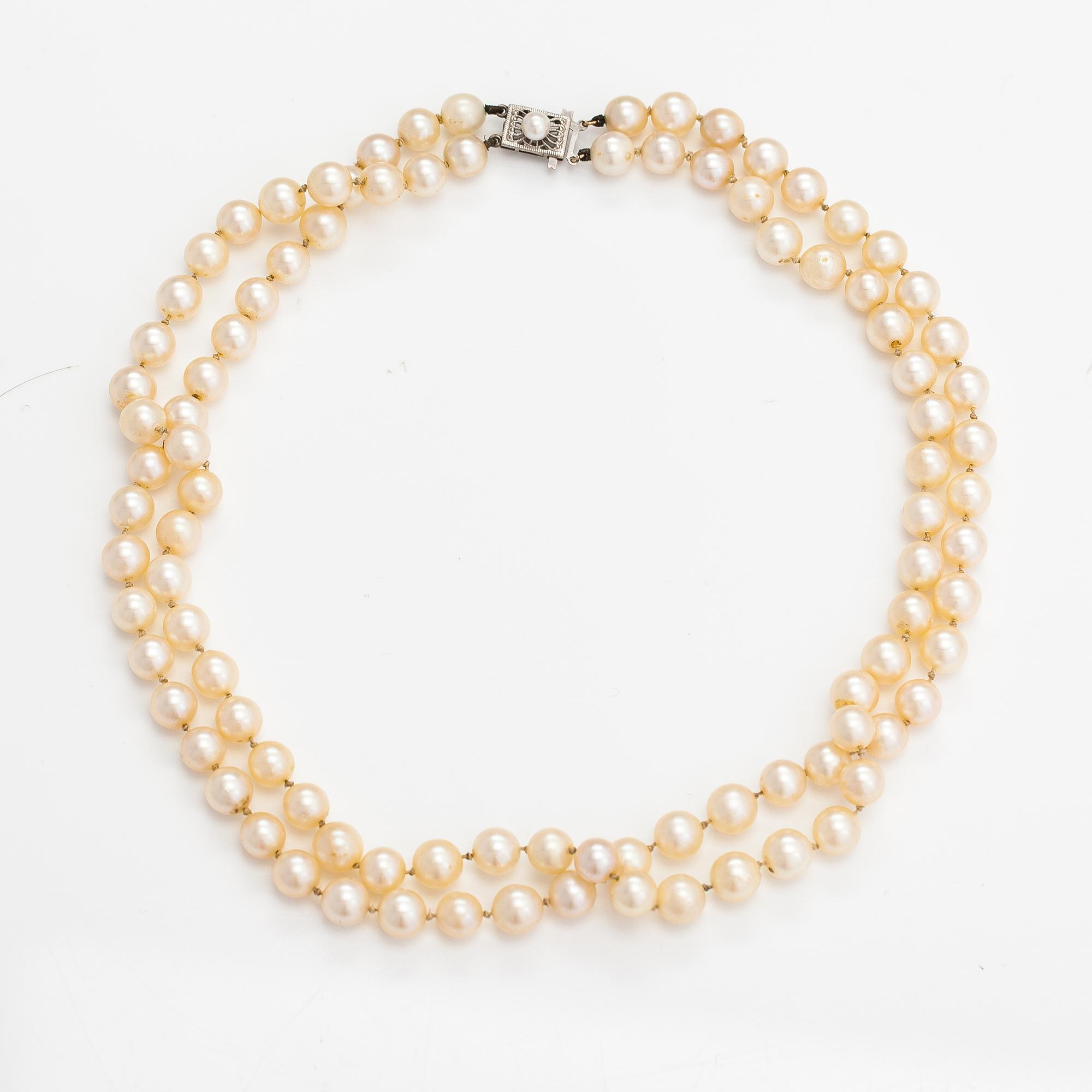 A 2-strand pearl collier with cultured pearls and a 14K white gold clasp.