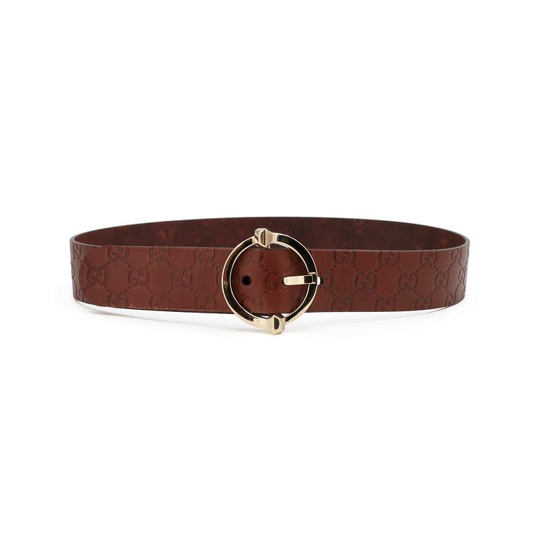 GUCCI, a brown monogram leather belt.