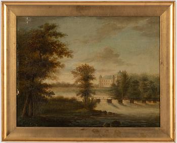 Carl Johan Fahlcrantz, customs written, landscape with castle building by a waterfall.