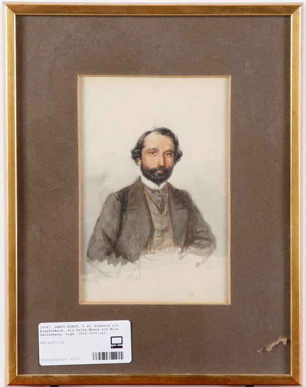 PARTI KONST, 4 st, blyerts och blandteknik, bla Pelle Åberg och Nils Zetterberg, sign, 1800-1900-tal.