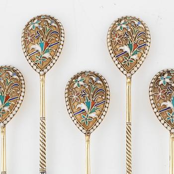 Eight Russian gilded silver and enamel spoons, Moscow, 1896-1908.