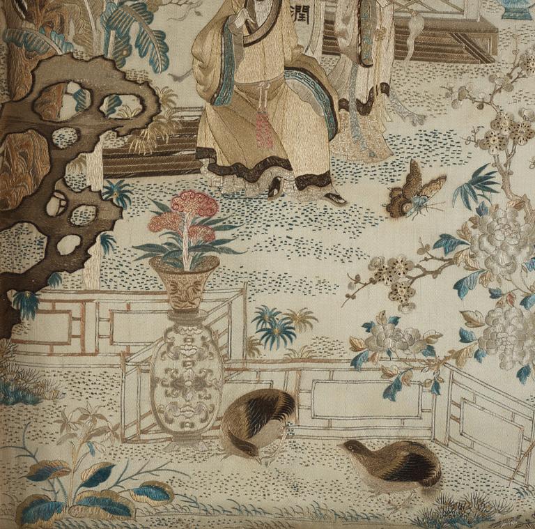 A silk embroidery with a scene from court life, Qing dynasty (1662-1912).