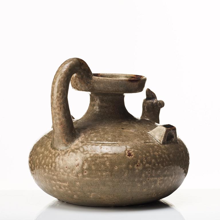 A olive green glazed wine jar, probably Jin/Six dynasties (265-420).