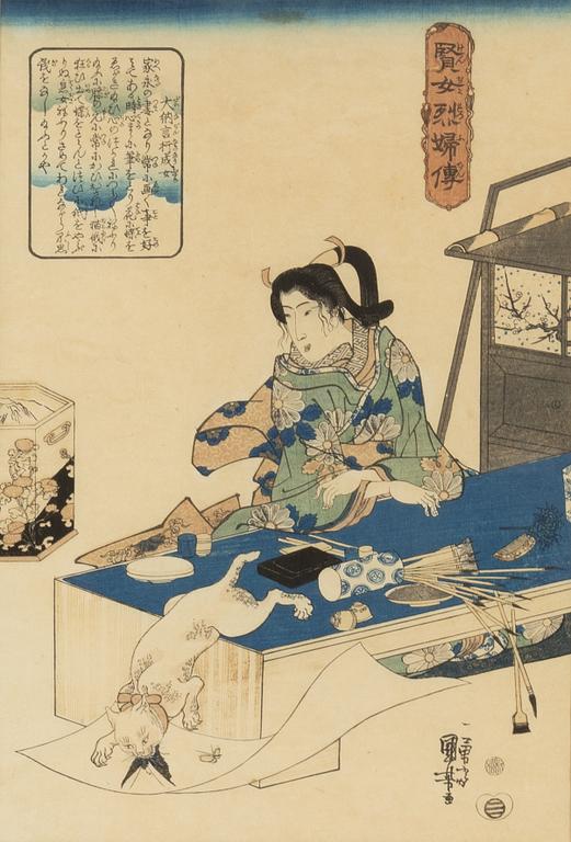 Utagawa Kuniyoshi, färgträsnitt, 3 st, Japan, 1800-talets mitt.